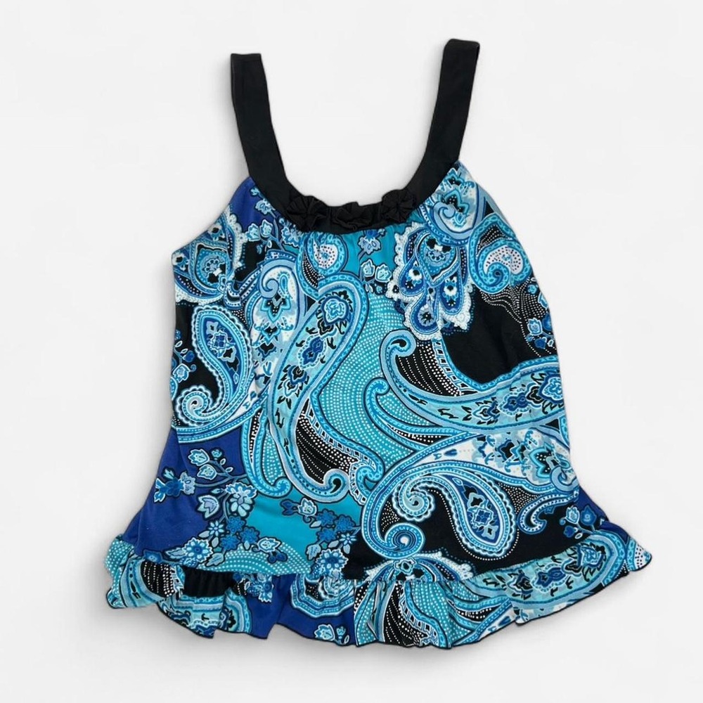 Linea Donatella sleeveless blouse featuring blue paisley print